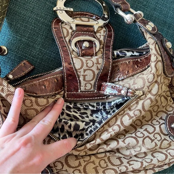 Guess Brown & Tan Shoulder Bag Y2K Linen Handbag - Picture 14 of 15
